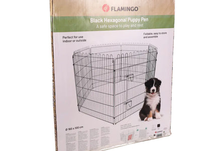 Flamingo Puppy Run Jax Black L – Metal Playpen, 6 Panels, 100cm High, Secure and Spacious