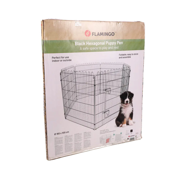 Flamingo Puppy Run Jax Black L – Metal Playpen, 6 Panels, 100cm High, Secure and Spacious