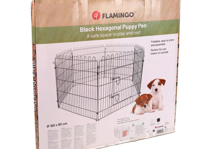 Flamingo Puppy Run Jax Black S – Metal Playpen, 6 Panels, 80cm Height, Secure Design
