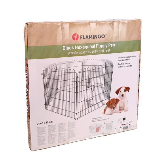 Flamingo Puppy Run Jax Black S – Metal Playpen, 6 Panels, 80cm Height, Secure Design