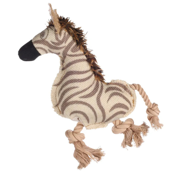 Flamingo Beige Zebra Dog Toy – 23cm Plush with Rope and Squeaker, Durable Design
