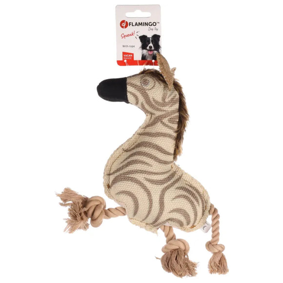 Flamingo Beige Zebra Dog Toy – 23cm Plush with Rope and Squeaker, Durable Design