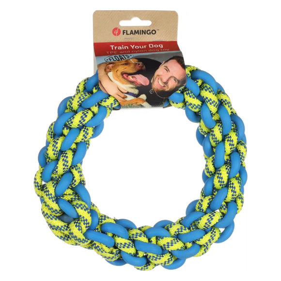 Flamingo Knotted Ring Braided Dog Collar – Blue and Yellow, Small Size, Durable Design
