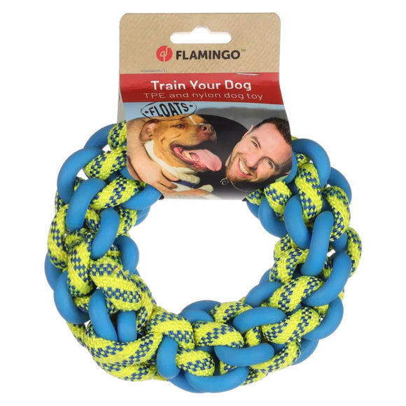 Flamingo Knotted Ring Braided Dog Collar – Blue and Yellow, Small Size, Durable Design