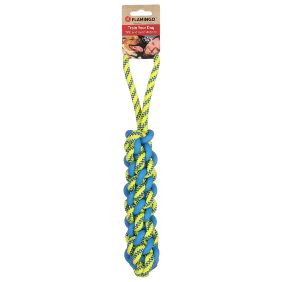 Flamingo Knotted Stick 38cm – Braided Tug Toy, Durable Blue and Yellow Design