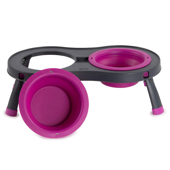 Dexas Double Elevated Feeder Small – Foldable Raised Dog Bowls Stand, Compact Fuchsia Design
