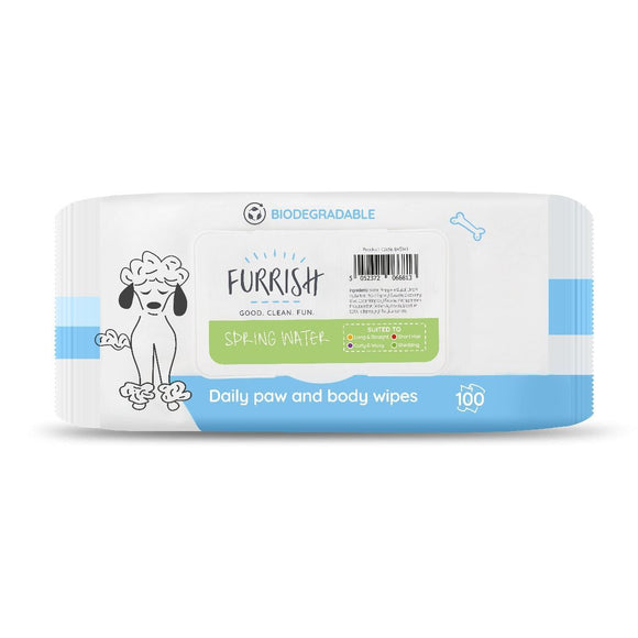 Furrish Spring Waters Bath Wipes – Delicate Fresh Scent, Cleans Paws and Fur, 100 Pack
