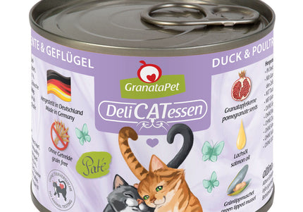GranataPet DeliCatessen Duck & Poultry Wet Cat Food – Grain-Free, 12 x 200g Cans