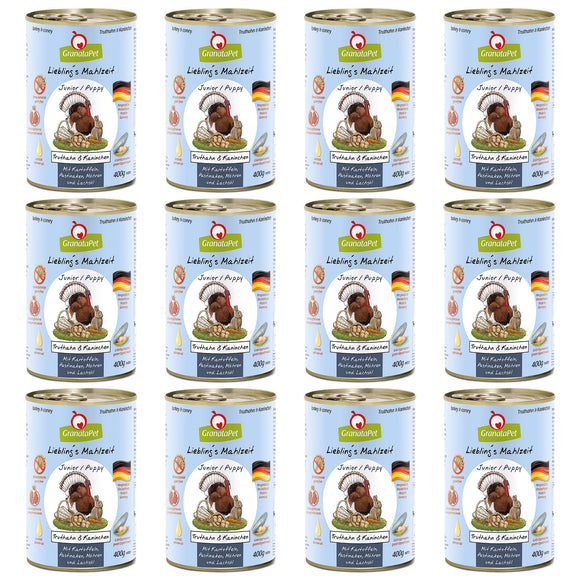 GranataPet Turkey & Coney Junior Wet Food – Grain-Free Turkey and Rabbit, 12x400g Cans