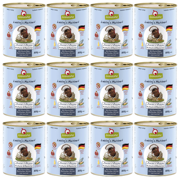 GranataPet Turkey & Coney Junior Wet Food – Grain-Free Turkey and Rabbit, 12 x 800g Cans