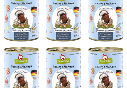 GranataPet Turkey and Rabbit Junior Wet Food – Grain-Free, 6 x 400g Cans, High Protein Formula