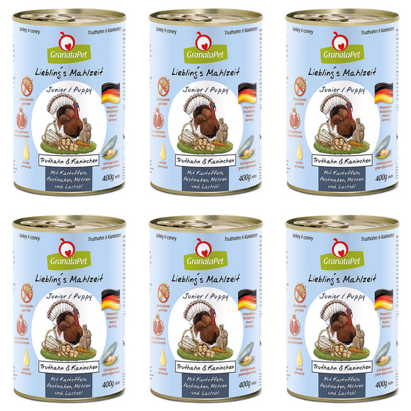 GranataPet Turkey and Rabbit Junior Wet Food – Grain-Free, 6 x 400g Cans, High Protein Formula