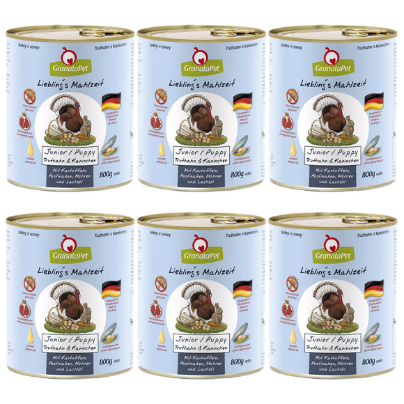 GranataPet Turkey & Coney Junior Wet Food – Grain-Free Turkey and Rabbit, 6x800g Cans
