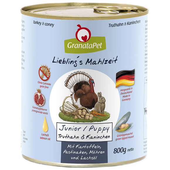 GranataPet Turkey & Coney Junior Wet Food – Grain-Free Turkey and Rabbit Formula, 800g