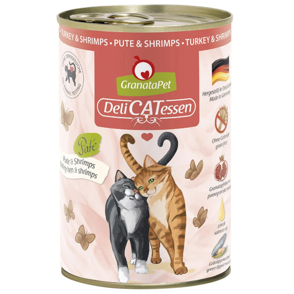 GranataPet DeliCatessen Turkey & Shrimps – Grain-Free Wet Cat Food, High Protein, 400g Can