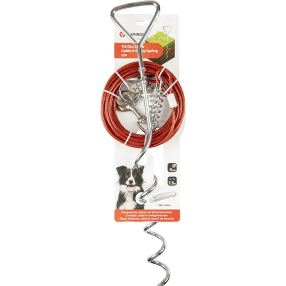 Flamingo Tie Out Stake Igla 46cm – Metal Ground Stake with 7.5m Steel Rope and Shock Absorber