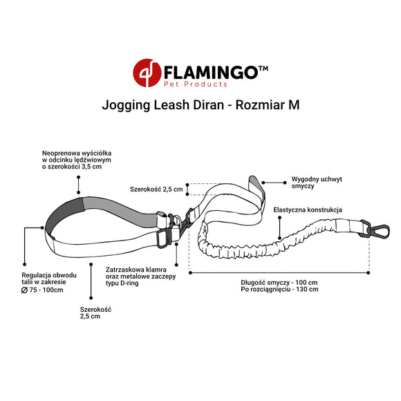 Flamingo Diran Jogging Leash Fluo – Shock-Absorbing Belt and Leash Set, Small Size