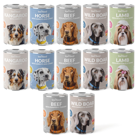 Lovi Food Wet Dog Food Set – Grain-Free Mixed Flavors, 12x400g Cans, Premium Nutrition