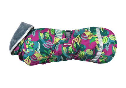 Kevyt Pomppa Harness Trail Raincoat – Warm Multicolor Leaves Design with Harness Opening, Size 70
