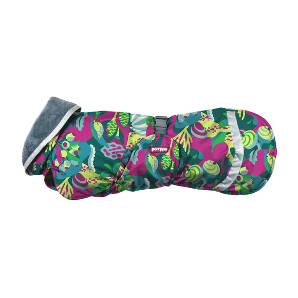 Kevyt Pomppa Harness Trail Raincoat – Warm Multicolor Leaves Design with Harness Opening, Size 70