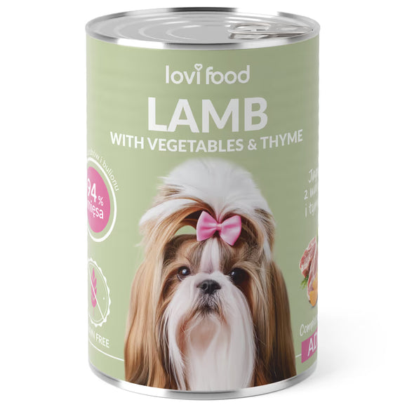 Lovi Food Lamb with Vegetables – Mono-Protein Wet Food, Lamb, Vegetables, Thyme, 6x400g
