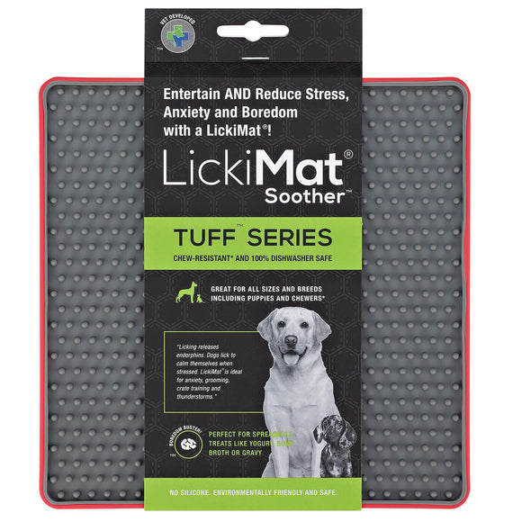 LickiMat Tuff Soother Dog Licking Mat – Hard Red Silicone with Timple Pattern, Durable Design