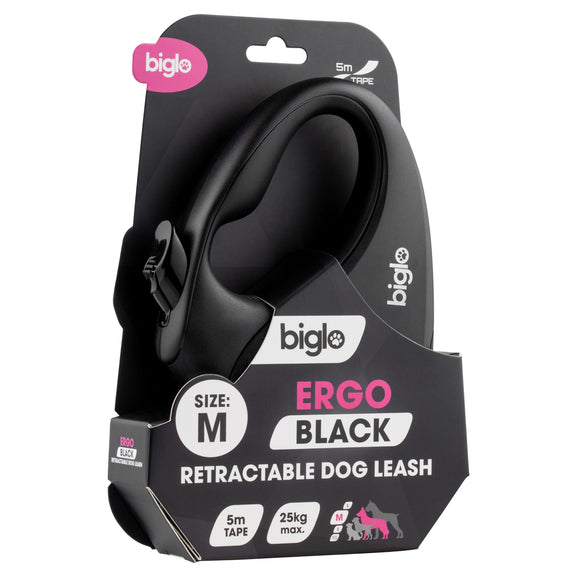 Biglo Ergo Black Retractable Leash – Automatic Medium Lead with Ergonomic Handle