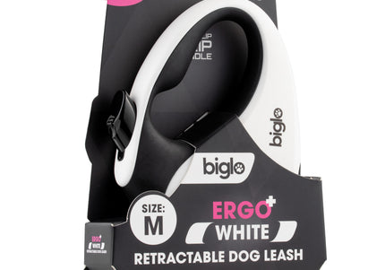 Biglo Ergo Plus White Retractable Leash – Automatic Medium Lead with Anti-Slip Handle