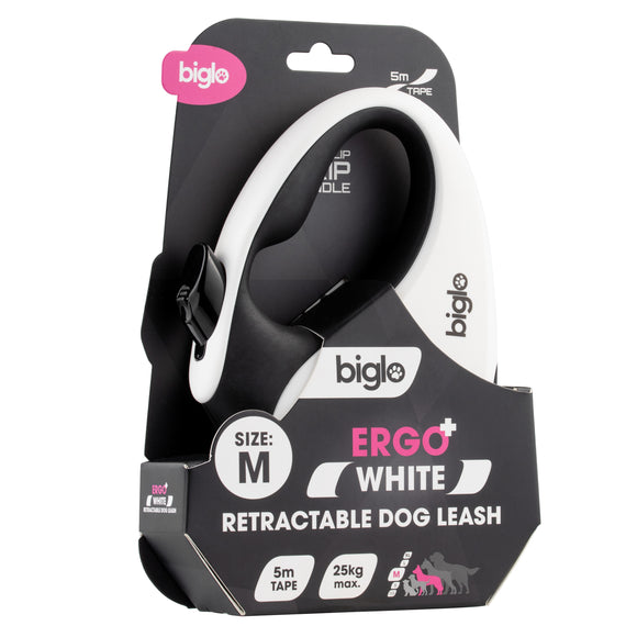 Biglo Ergo Plus White Retractable Leash – Automatic Medium Lead with Anti-Slip Handle