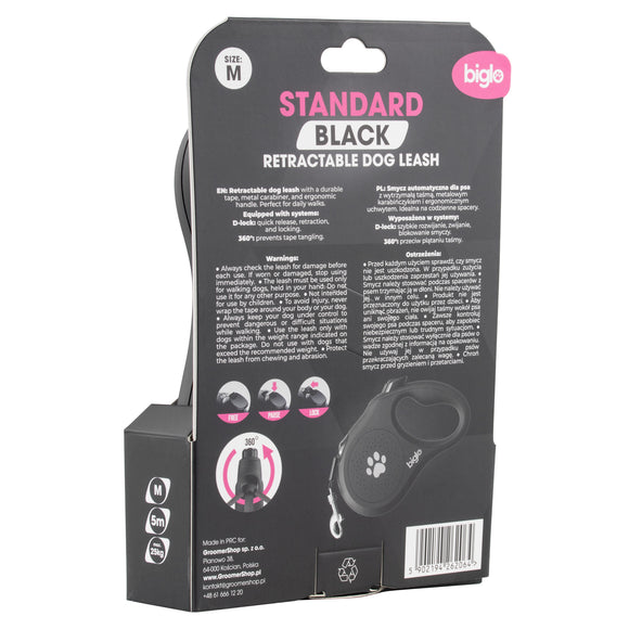 Biglo Standard Black Retractable Leash – Extra Small, Durable Tangle-Free Design