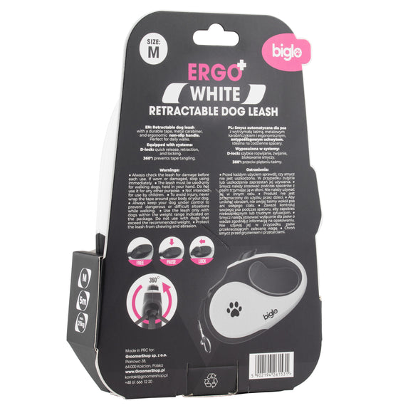 Biglo Ergo Plus White Retractable Leash – Automatic Medium Lead with Anti-Slip Handle