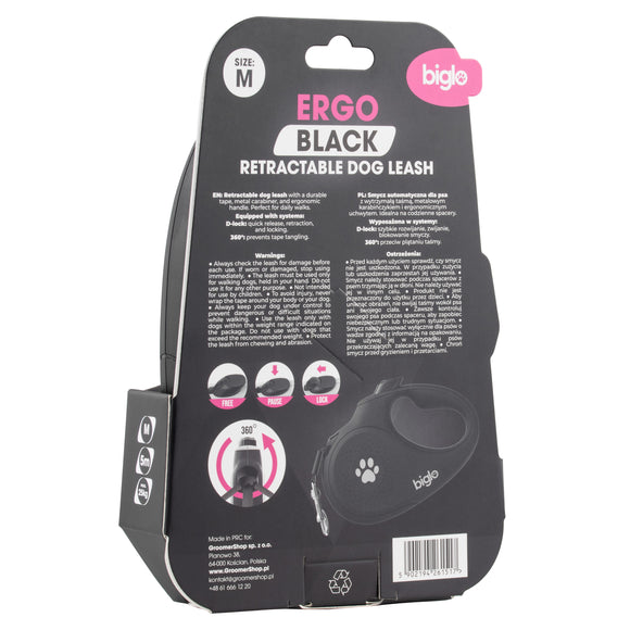 Biglo Ergo Black Retractable Leash – Automatic Medium Lead with Ergonomic Handle