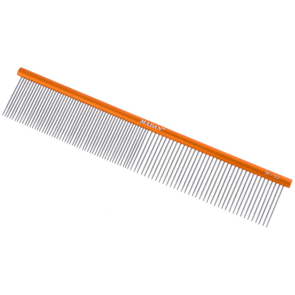 Madan Ultra Light Grooming Comb 19cm – Aluminum Handle, Mixed Tooth Spacing, Thin Pins