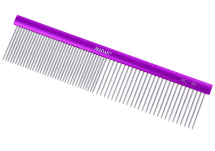 Madan Professional Light Comb 19cm – Lightweight Aluminum Handle, Mixed Tooth Spacing, 3.5cm Pins, Purple