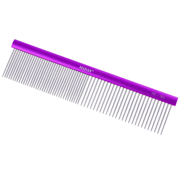 Madan Professional Light Comb 19cm – Lightweight Aluminum Handle, Mixed Tooth Spacing, 3.5cm Pins, Purple