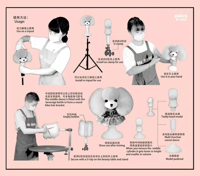 Mr. Jiang Portable Teddy Head Model – Grooming Mannequin Bust with Adjustable Mount