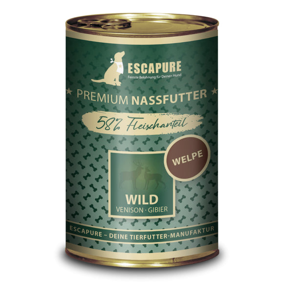 Escapure Puppy Wild Wet Food – Game and Rabbit with Vegetables and Fruits, 400g Can