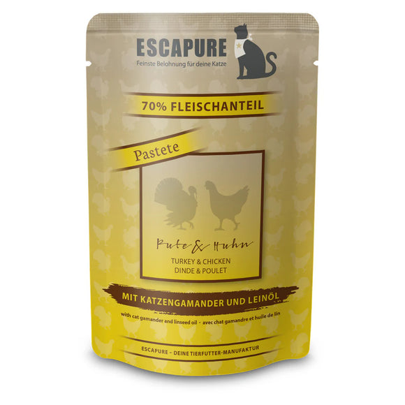 Escapure Wet Cat Food – Turkey and Chicken with Linseed Oil, 100g, Natural Recipe