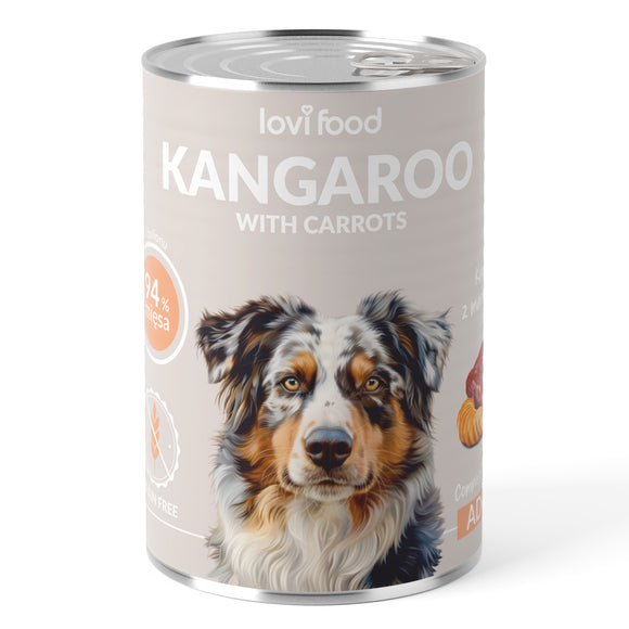 Lovi Food Kangaroo and Carrots Wet Dog Food – Grain-Free, Protein-Rich, 12 x 400g Cans