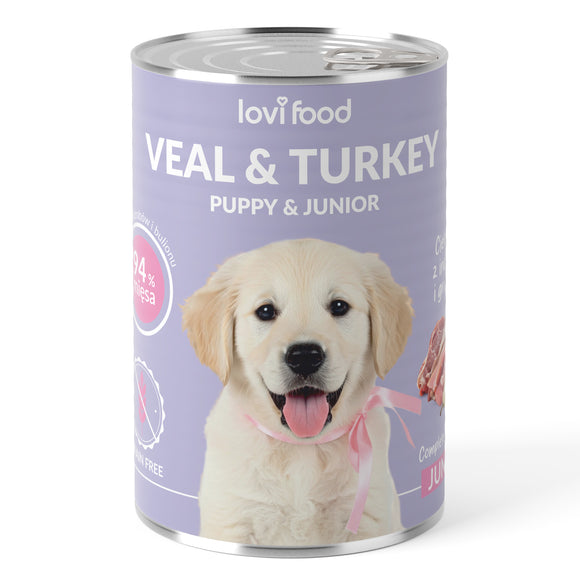 Lovi Food Junior & Puppy Veal and Turkey Wet Food – Tender Meat Blend with Pear, 400g Can