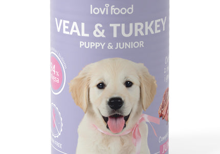 Lovi Food Junior & Puppy Veal and Turkey Wet Food – Tender Veal, Turkey, Pear, 6x400g Pack