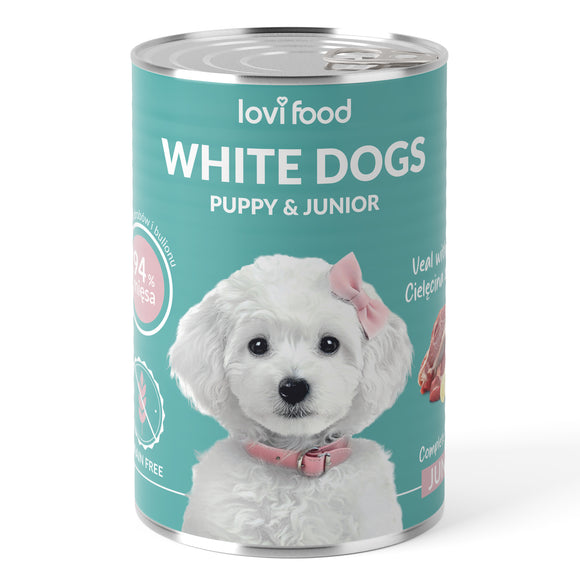 Lovi Food White Dogs Junior & Puppy Veal and Banana Wet Food – Gentle Formula, 6x400g