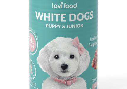 Lovi Food White Dogs Junior & Puppy Veal & Banana – Wet Food with Veal and Banana, 400g Can