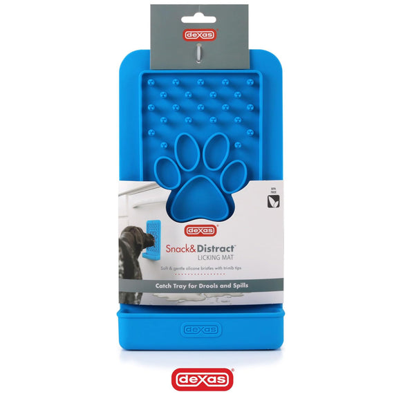 Dexas Snack & Distract Silicone Licking Mat with Pocket – Vertical Design, Blue