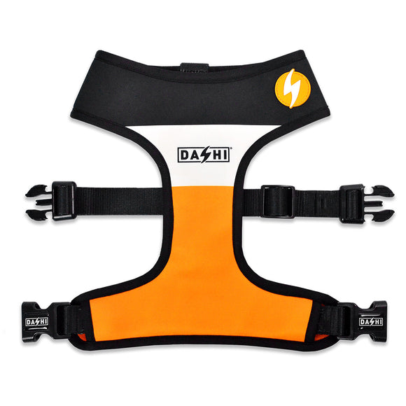 Dashi Stripes Orange & Black Neo Mesh Harness – Pressure-Free Double-Sided Neoprene with Adjustable Straps, XL