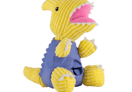 Dashi Parry Dino Toy – Dinosaur-Shaped Treat Slot Toy, Blue and Yellow, Durable Design
