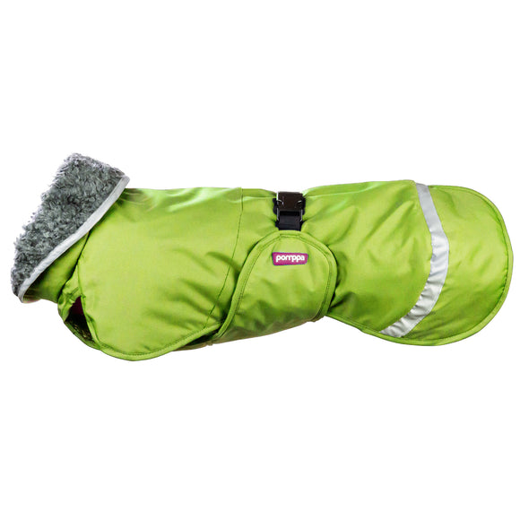Perus Pomppa Harness-Ready Winter Dog Jacket – Lime, Insulated, Water-Resistant, Size 31