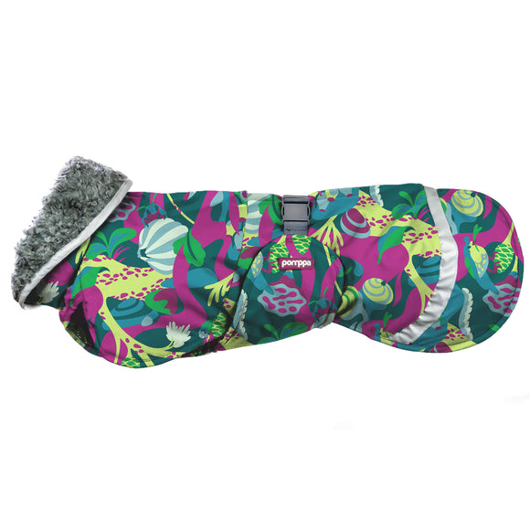 Perus Pomppa Harness Trail Winter Dog Jacket – Multicolor Leaves, Harness Opening, Size 85