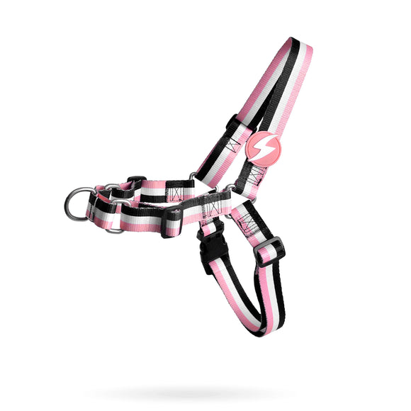 Dashi Stripes Pink & Black Front Harness – No-Pull Norwegian Design, Large, Durable Striped Webbing