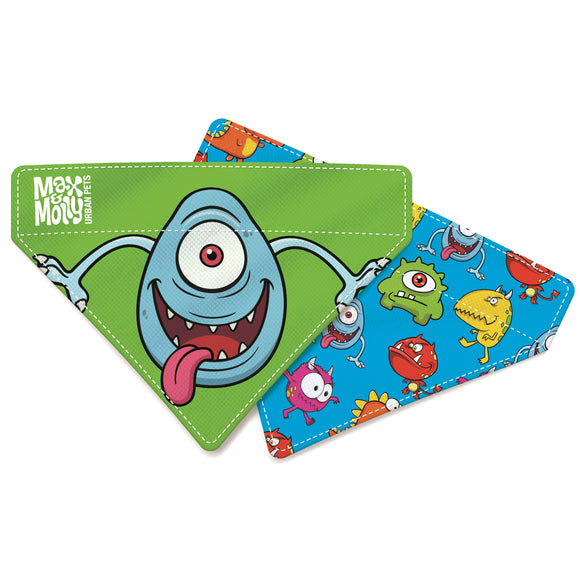 Max&Molly Little Monsters Reversible Bandana – Double-Sided Dog Scarf, Small Size